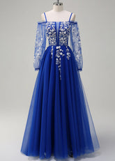 Julie | A - Line Cold Shoulder Sparkly Royal Blue Long Prom Dress - Price #price_variant_lowest# - Royal Blue - PromDressClub